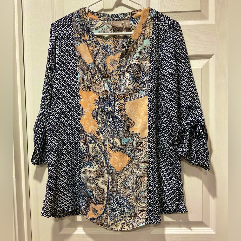 Chico’s navy & gold blouse button up sleeves tunic top loose fit shirt